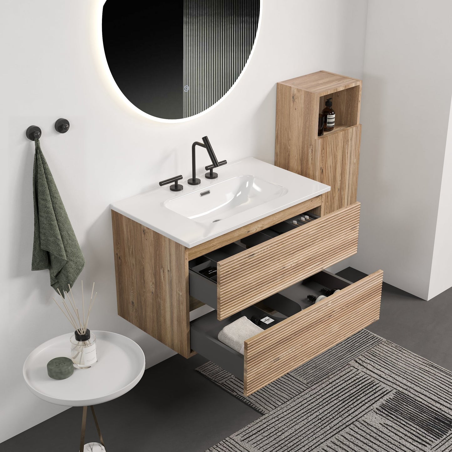 30' Wall Mounted Rough Oak&Rough Oak Bathroom Vanity with Integrated Ceramic ...