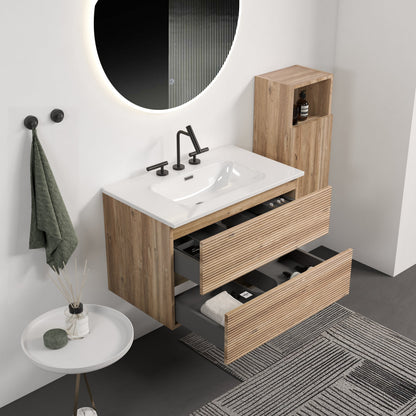 30' Wall Mounted Rough Oak&Rough Oak Bathroom Vanity with Integrated Ceramic ...