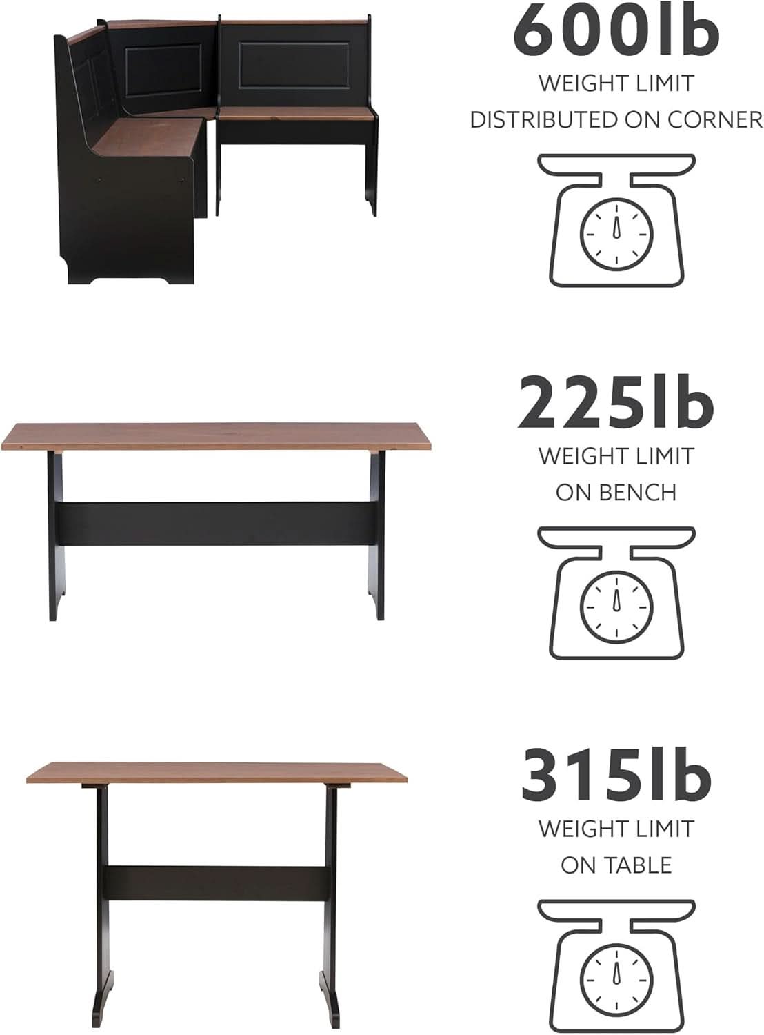 Black Pecan Five Seat Dining Set With Storage Benches
