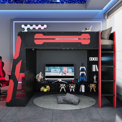 Full Size Wood Loft Bed with Desk, Multi-storage Shelves and RGB Light, Red
