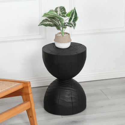 Solid Mango Wood Round Side Table, 12.2x18.11 in, Black, Burnt Vintage Look