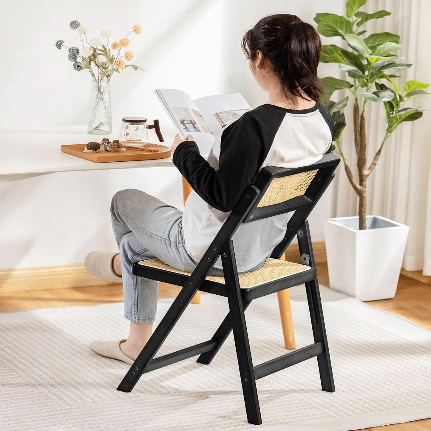 Rattan Folding Dining Chairs Set Of 2 Black Mid Century