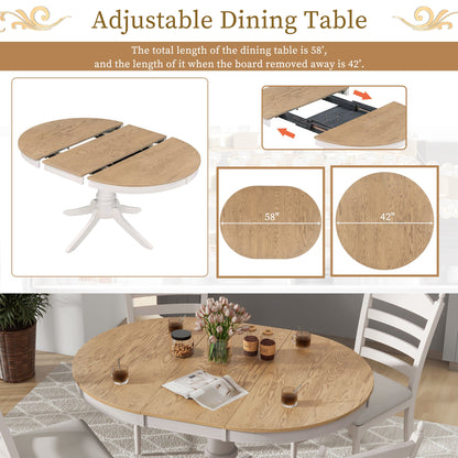 5-Piece Retro Functional Dining Table Set Wood Round Extendable Dining Table