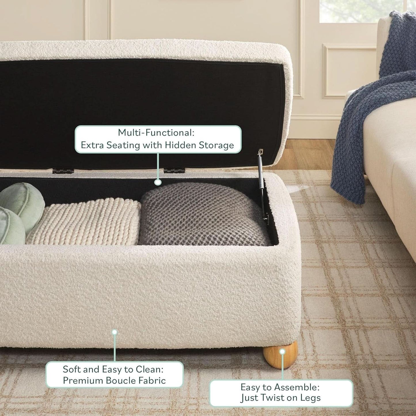 Contemporary Large Ivory Storage Ottoman With Legs