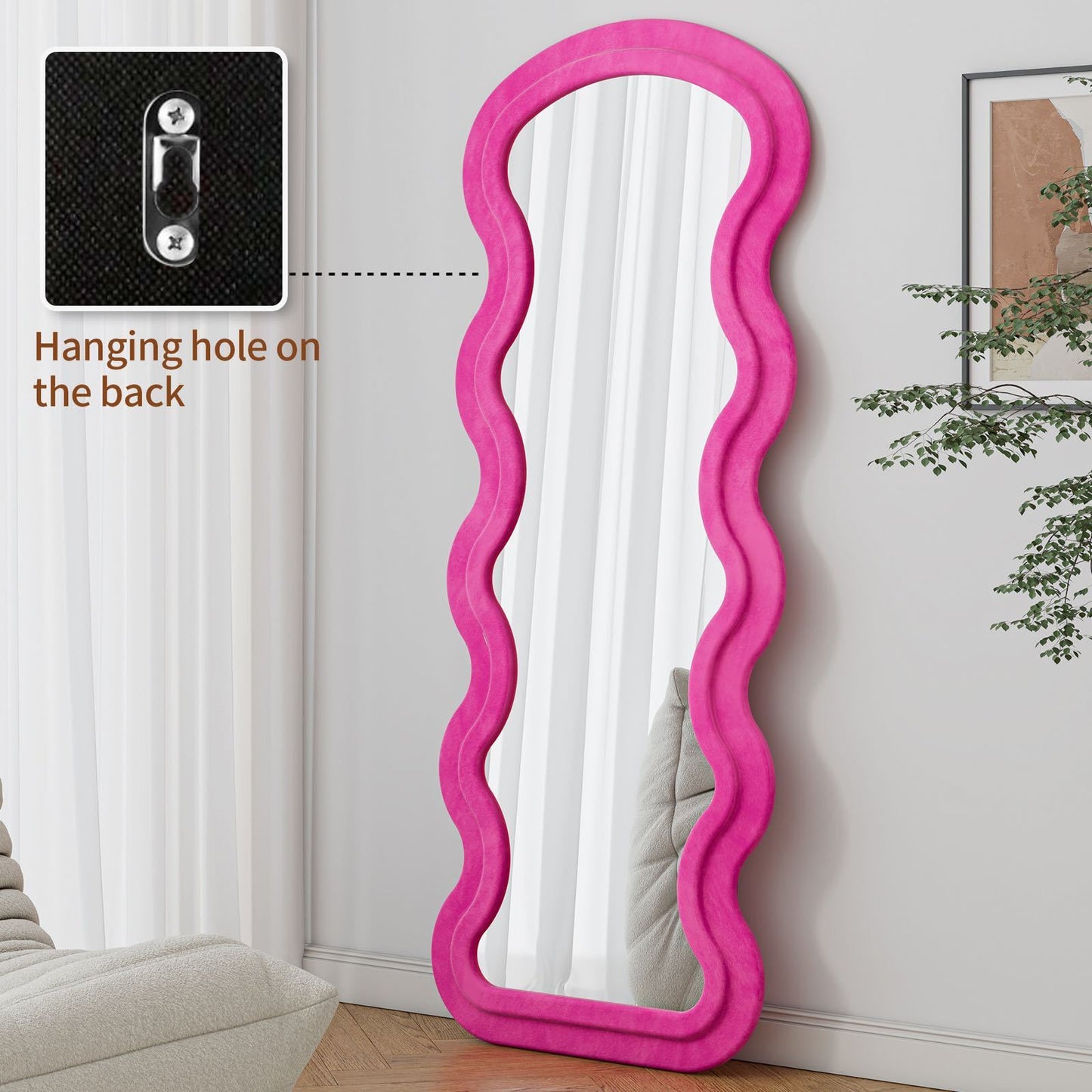 Floor Mirror Full Length Wave Flannel Frame Rose 63x24 In Lean or Hang