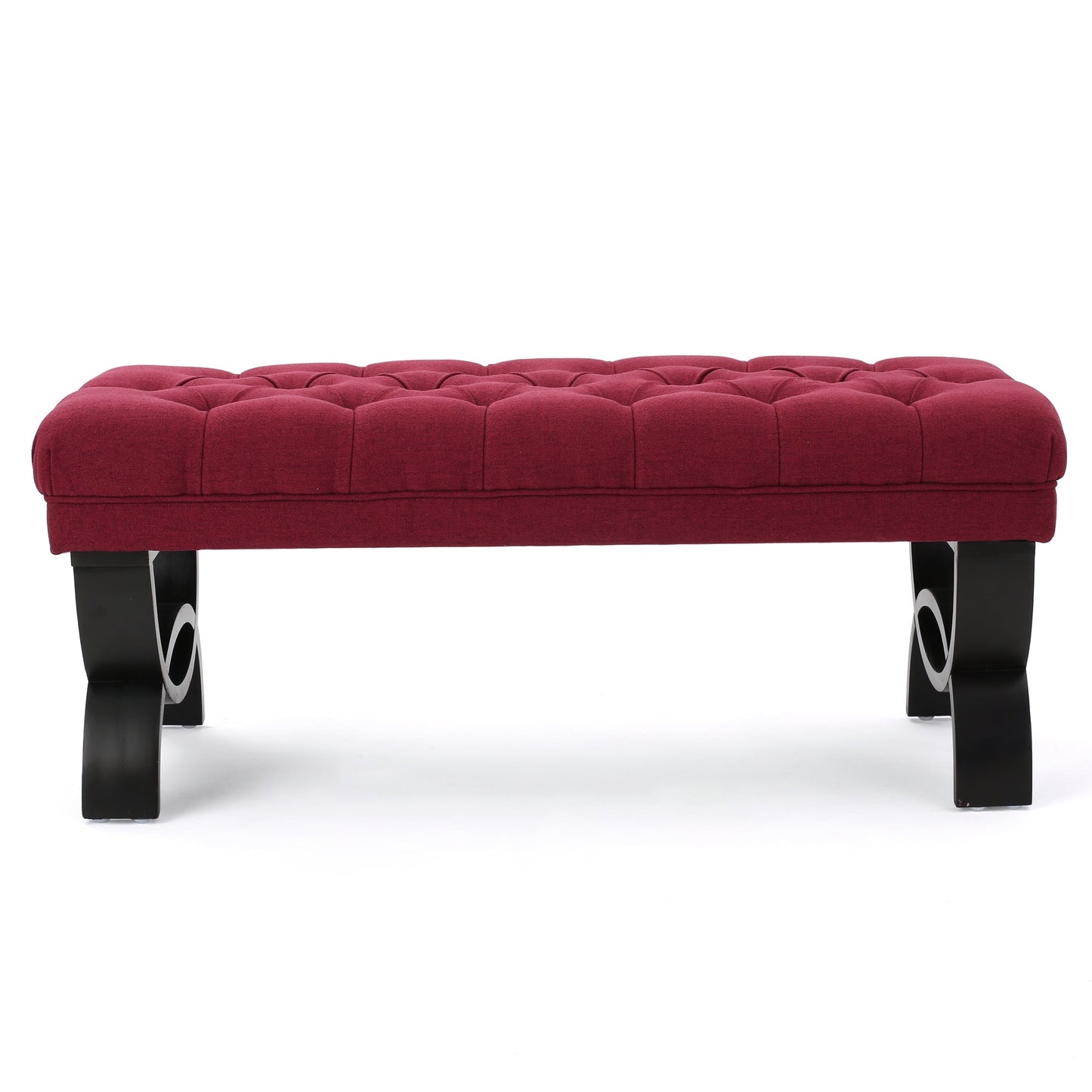 Ottoman Bench Button Tufting Half-Circle Legs, Red Fabric, 41x17x16.75