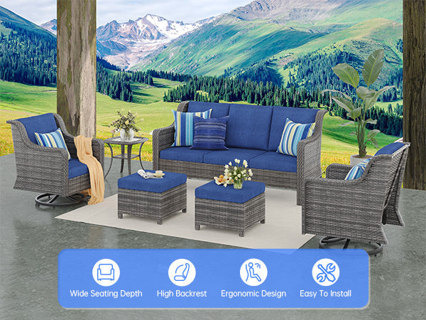 Outdoor Patio Set PE Rattan Swivel Chairs Gray Blue