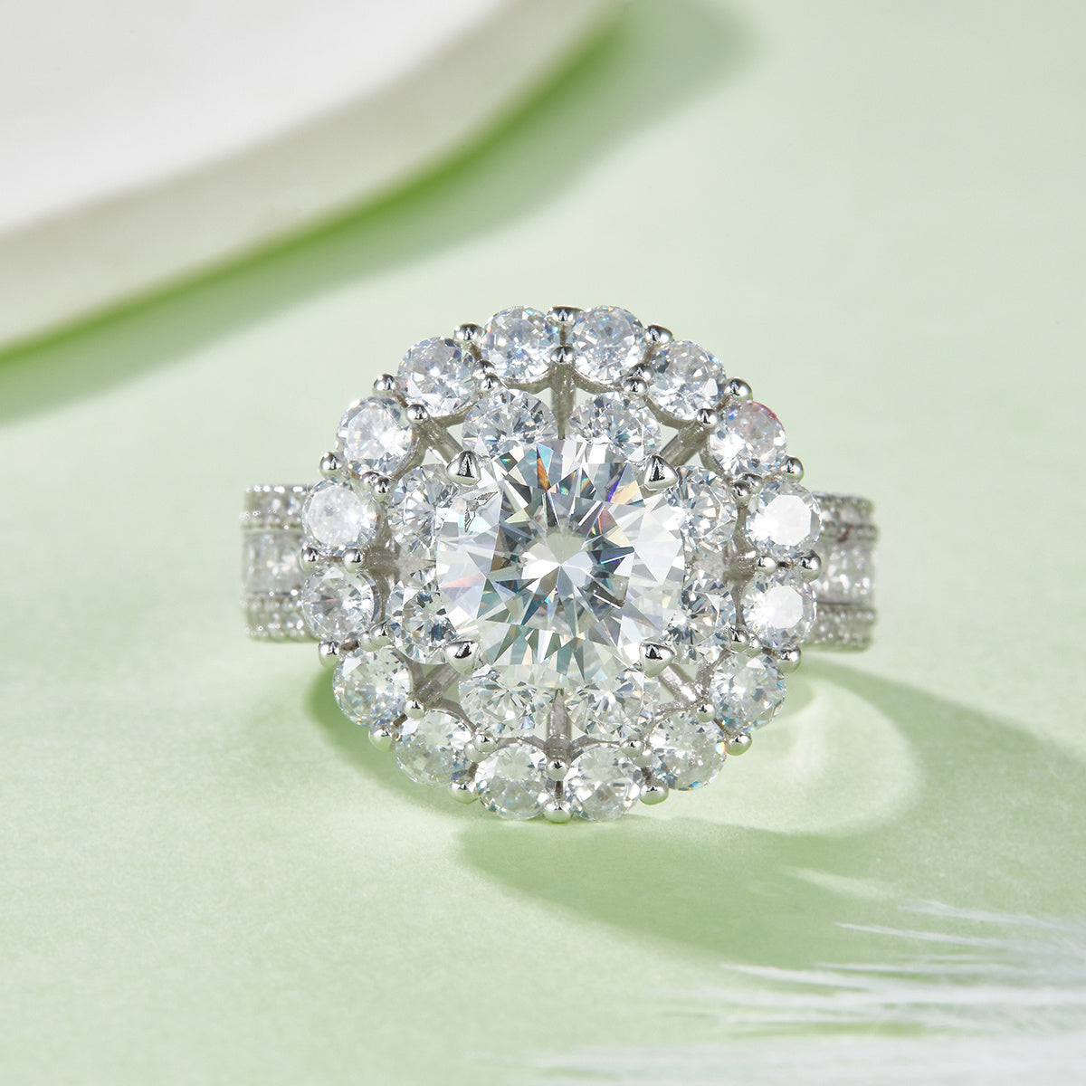 S925 Sterling Silver 2ct Moissanite Ring, 8mm D-VVS1 Double Halo Pave Band, Platinum Plated US Sizes 5-9 GRA Certified Gift Box