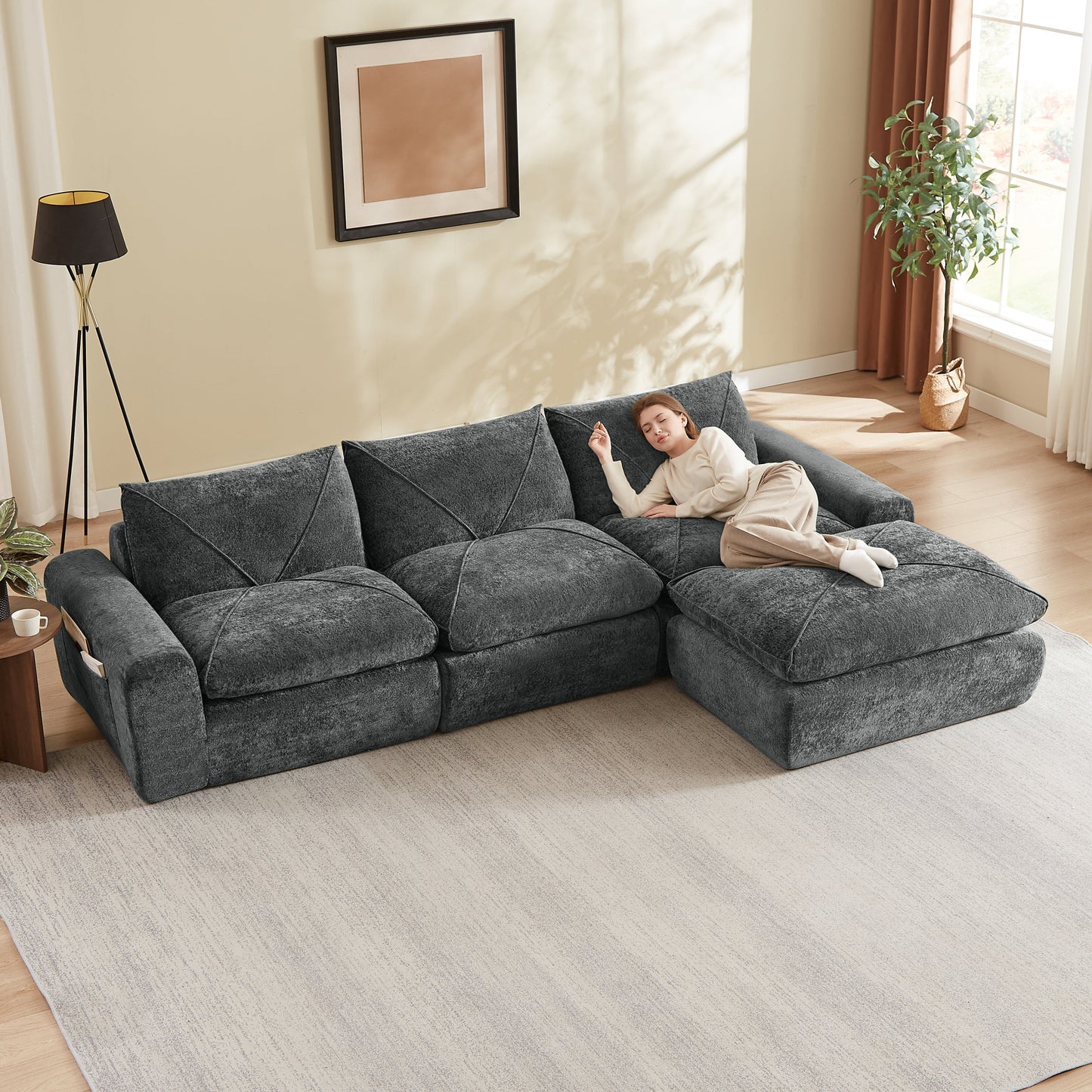 Sofa Modern Chenille Dark Gray 4 Seat Built-In Footrest 119 In