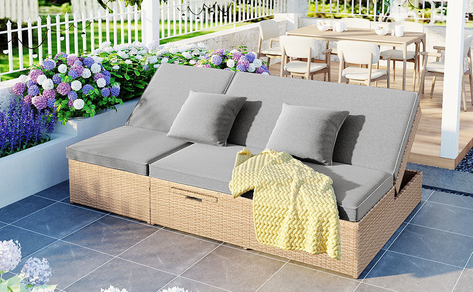 Outdoor Double Sunbed, Wicker Rattan Patio Reclining Chairs with Adjustable
