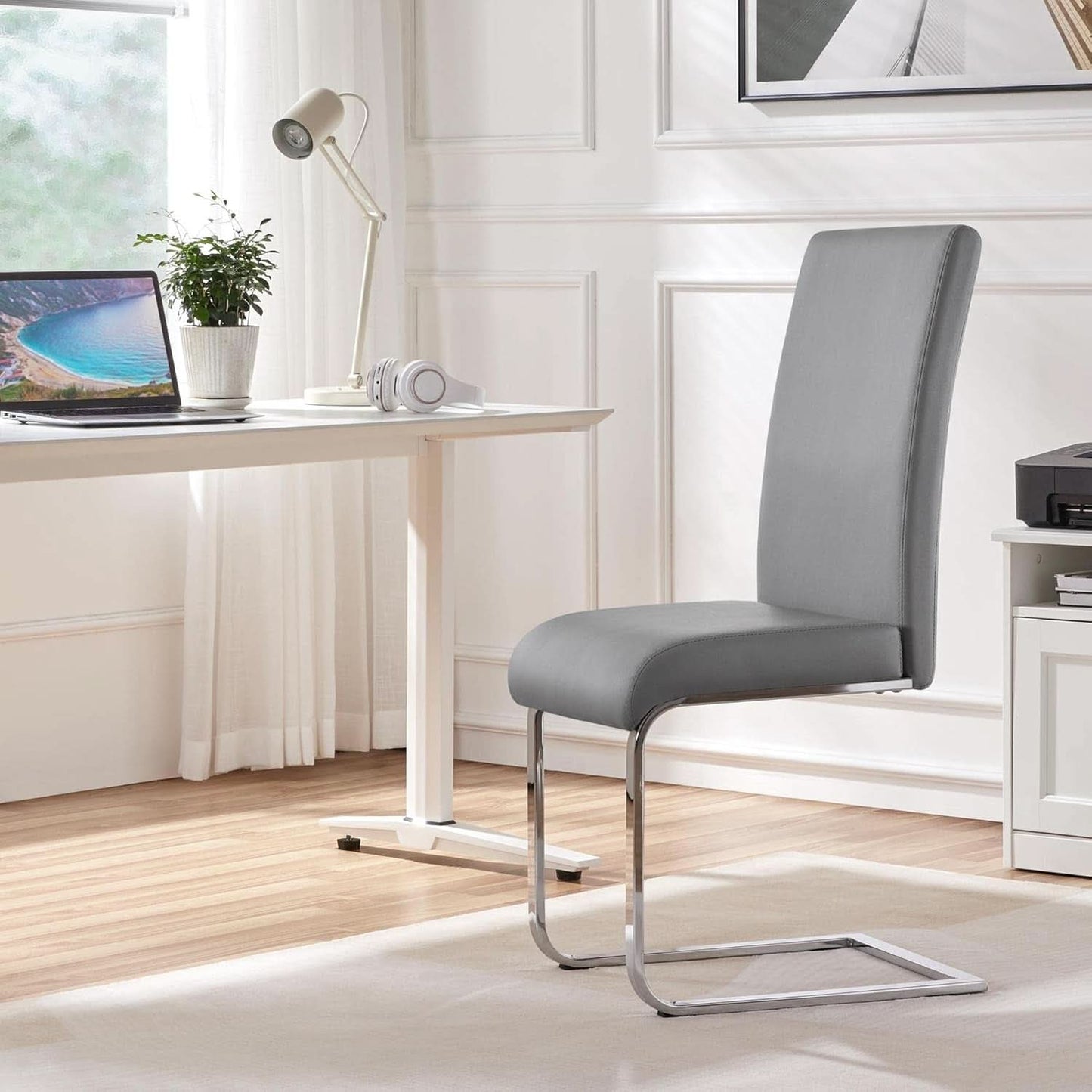 Gray PU Leather Dining Chairs For Kitchen Set Of 2