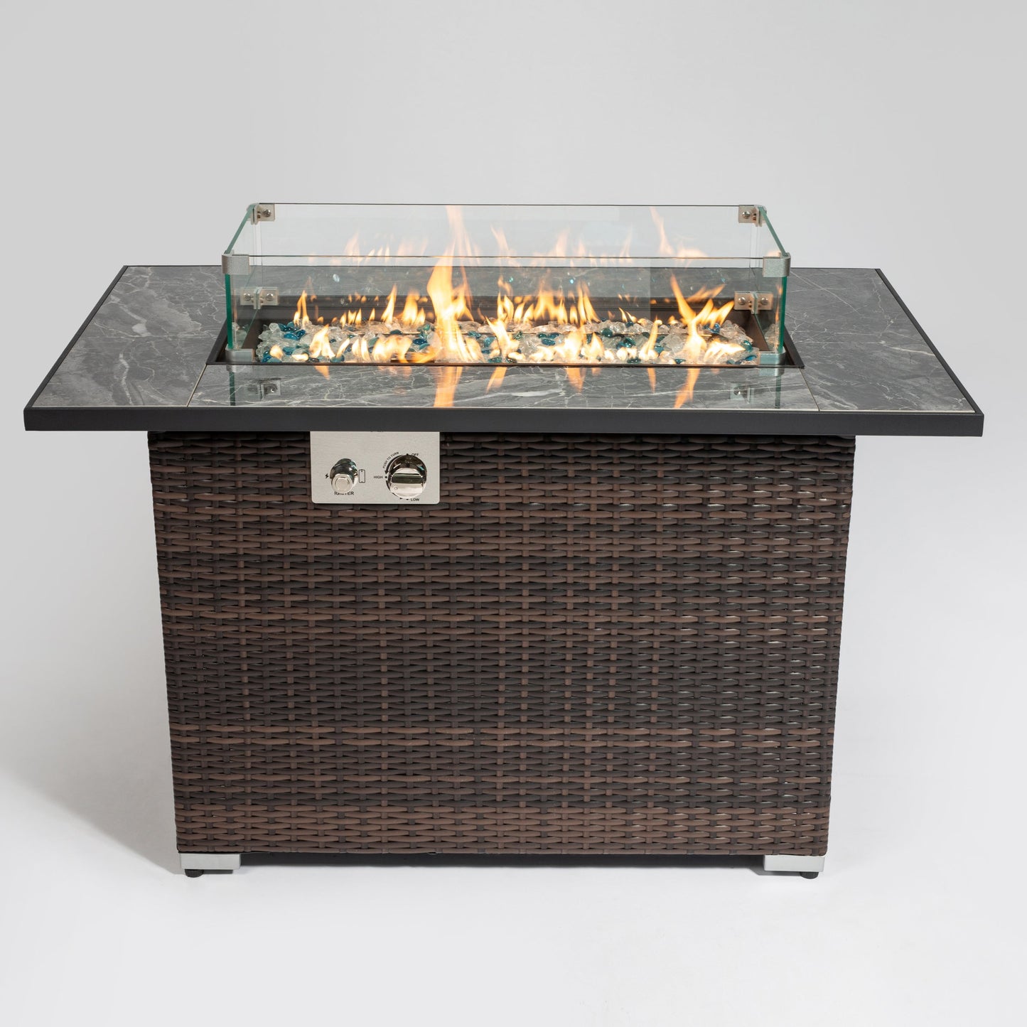 44 Inch Propane Gas Fire Pit Table 50000 BTU Tile Tabletop with Wicker Base