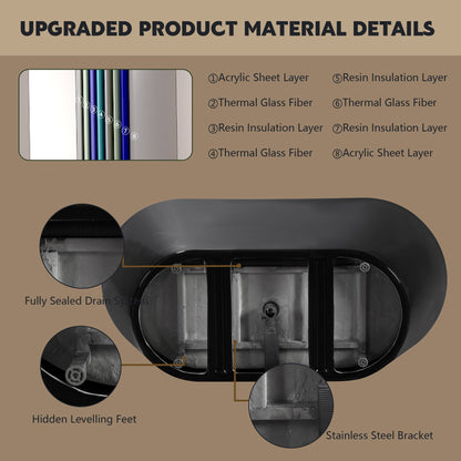 59in Glossy Black Acrylic Freestanding Soaking Tub with Chrome Drain, cUPC