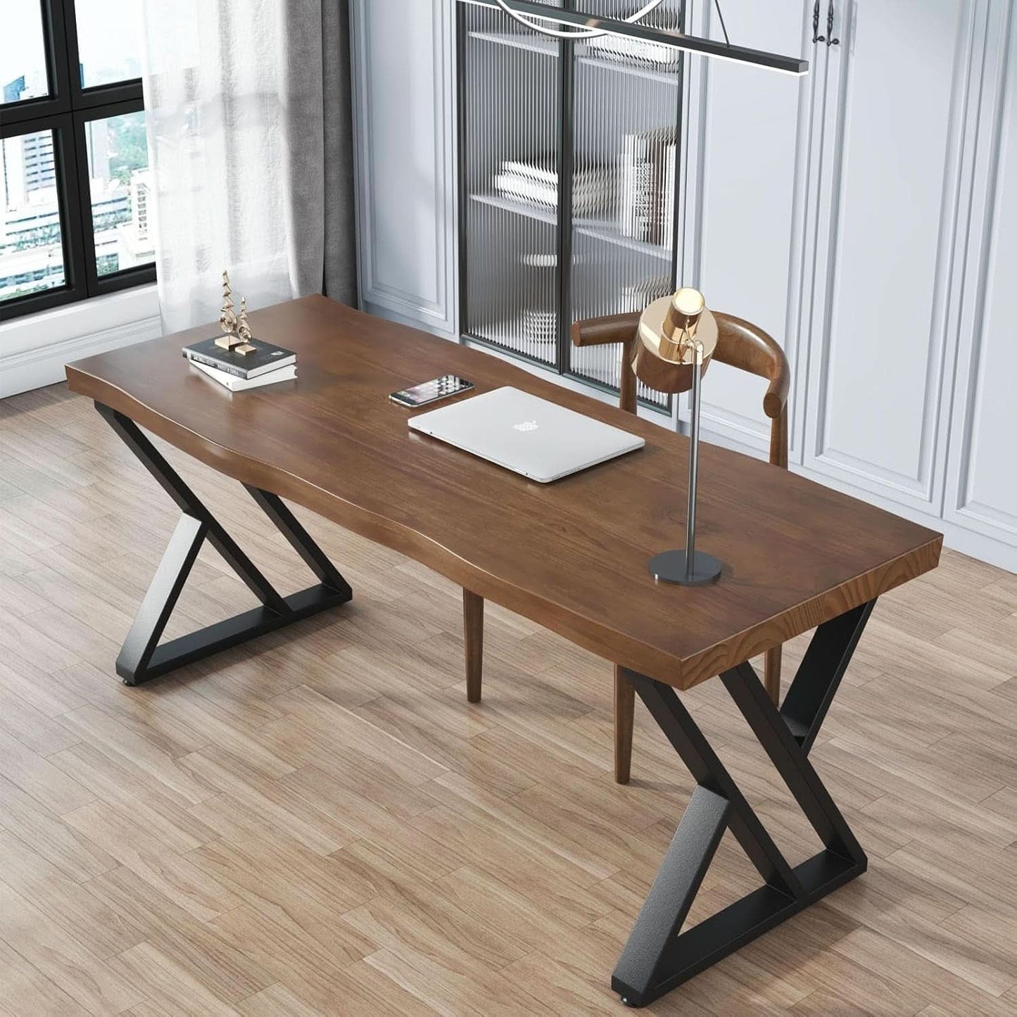Solid Wood Desk Fifty Five Inch Wide Matte Brown Rustic Aged Oak