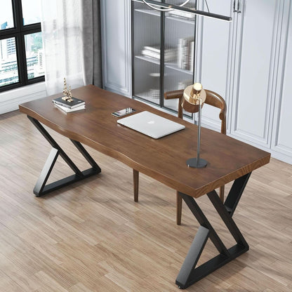 Solid Wood Desk Fifty Five Inch Wide Matte Brown Rustic Aged Oak