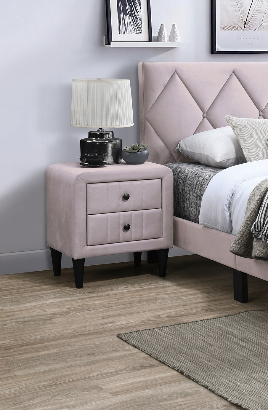 Light Pink Velvet Nightstand with 2 Drawers, Sleek Design, Tempered Legs