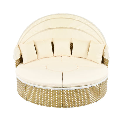 Outdoor Patio Round Rattan Daybed Sectional Beige Retractable Canopy