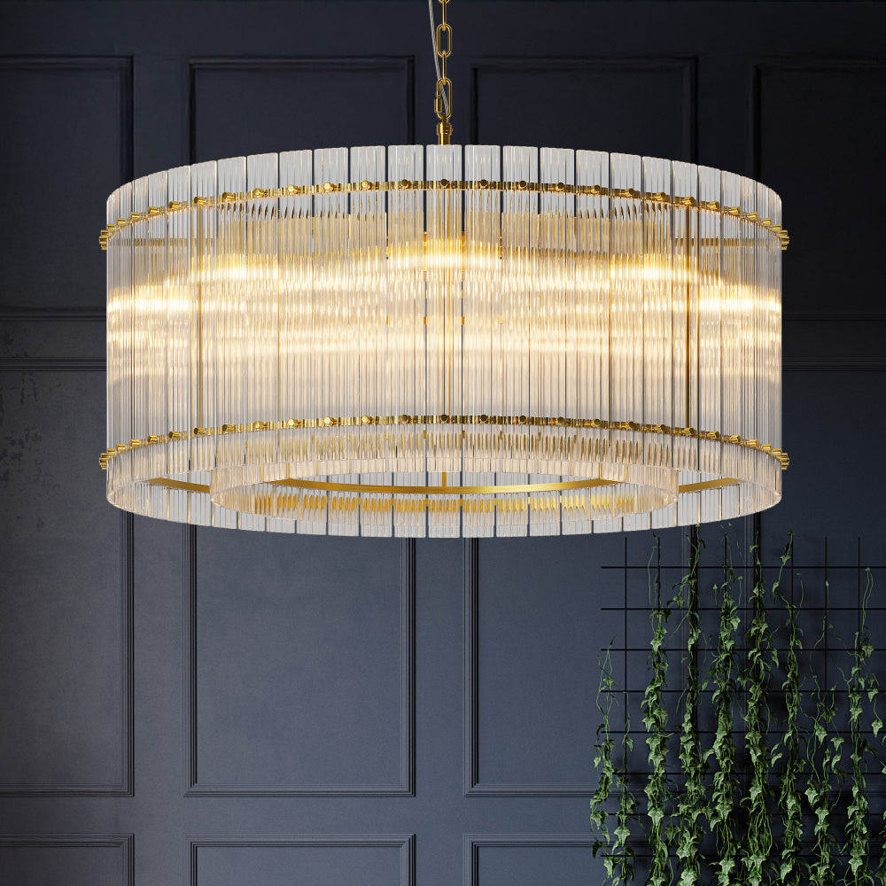 Water Ripple Crystal Glass Chandelier | 8/10-Light Modern Handmade Corrugated Glass Ceiling Light — Black or Gold, Round or Rectangular