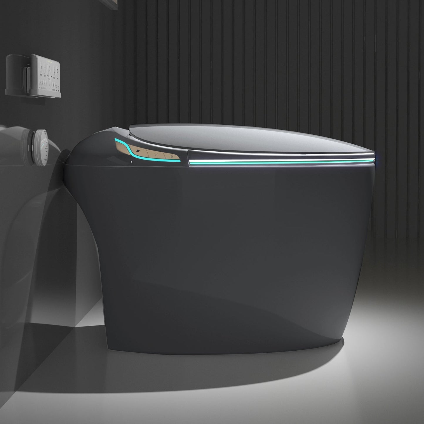 Smart Toilet One-Piece Gray Bidet Auto Lid Heated Seat Night Light 1.28 GPF