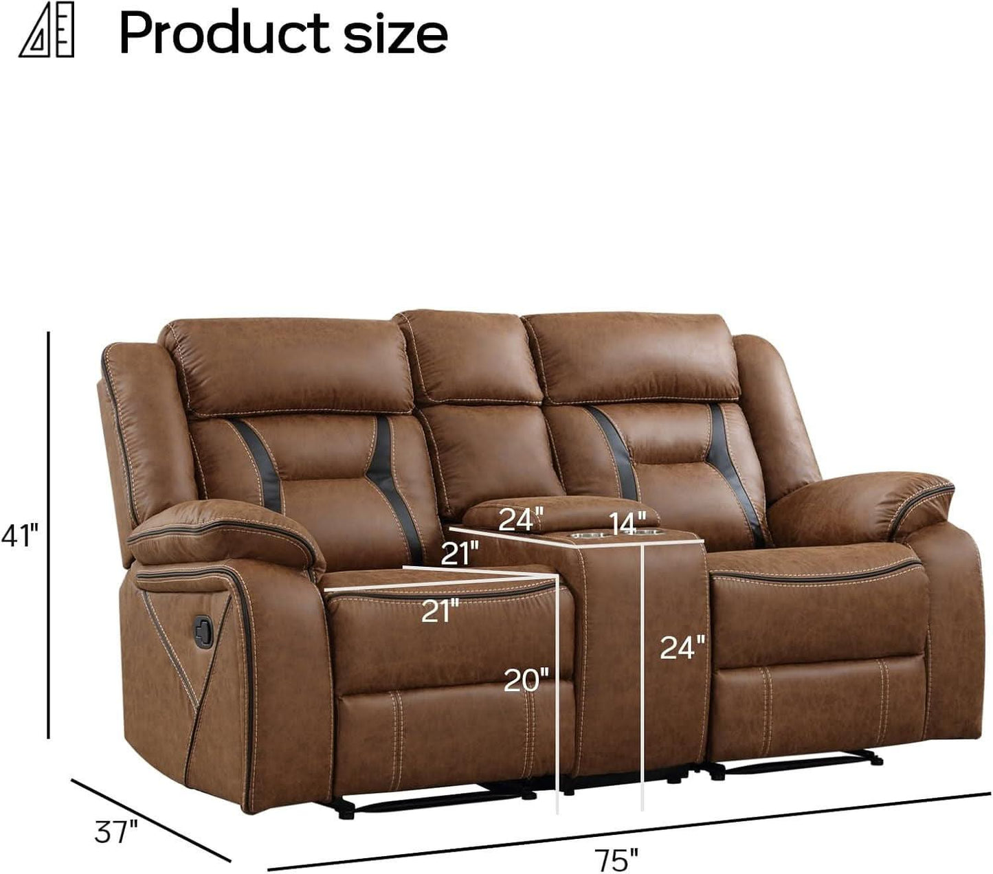Brown Faux Leather Loveseat Dual Recliners Center Console