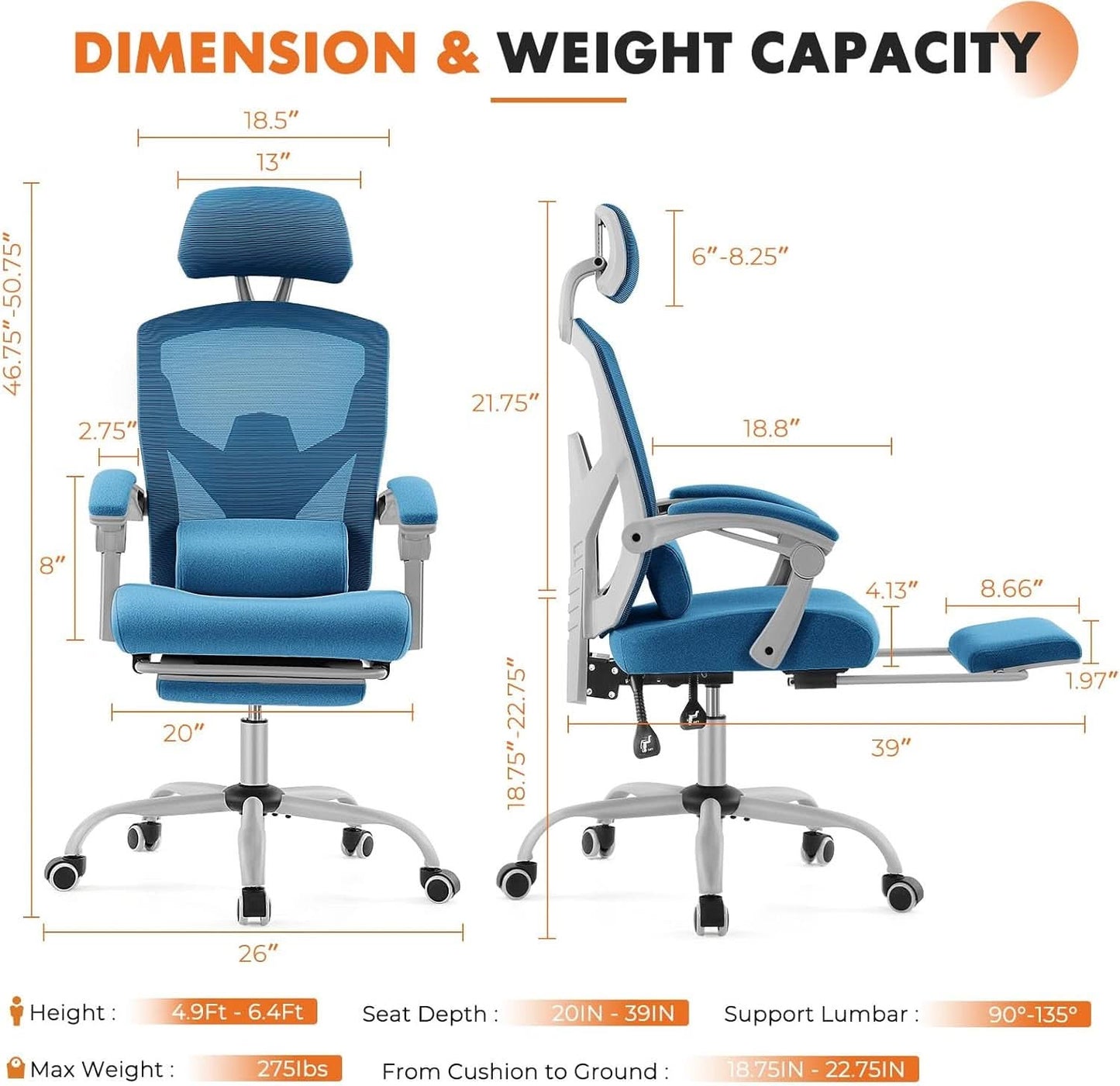 Blue Ergonomic Mesh Office Chair With Lumbar Support