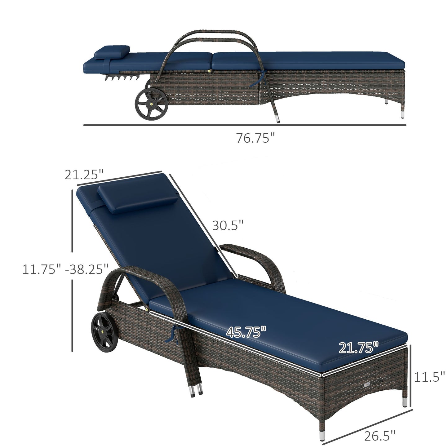 Chaise Lounge PE Rattan Dark Blue 5-Position Wheels Set of 2 76in