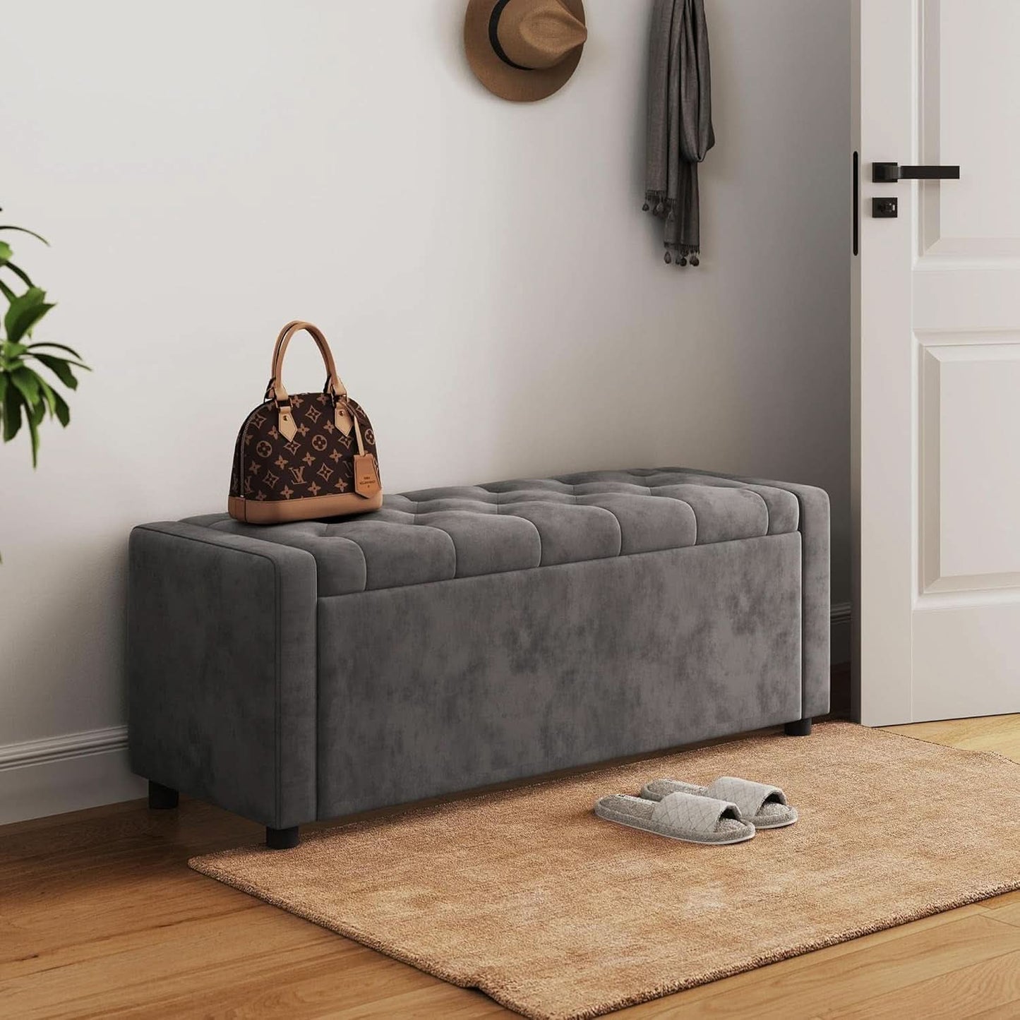 50 Inch Grey Luxurious Upholstered Storage Ottoman