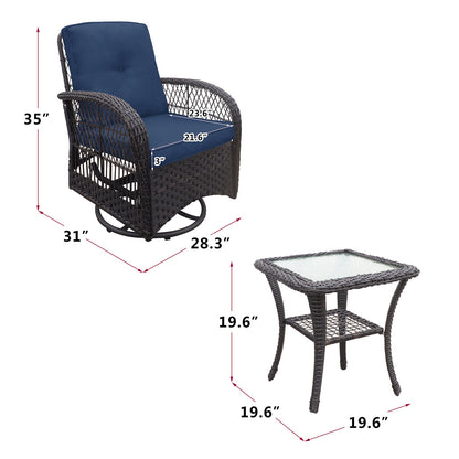 Outdoor Conversation Set Wicker Swivel Rocker Navy Glass Table 3 Piece