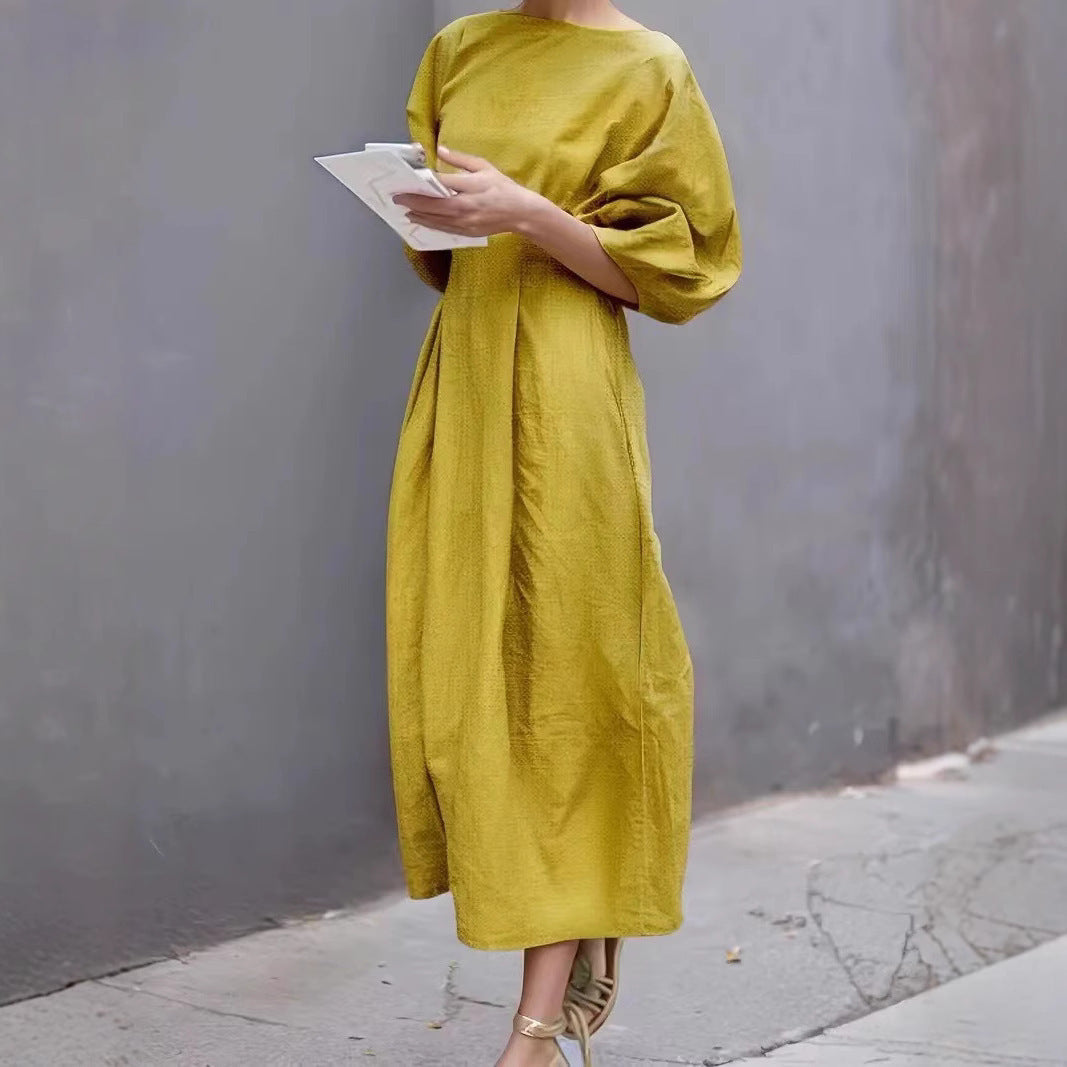 Casual Long Dress With A Round Neck And Bubble Sleeves