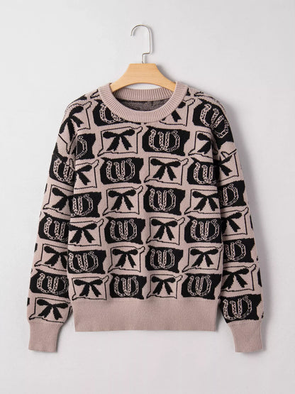 Bows & Horseshoes Pattern Round Neck Sweater