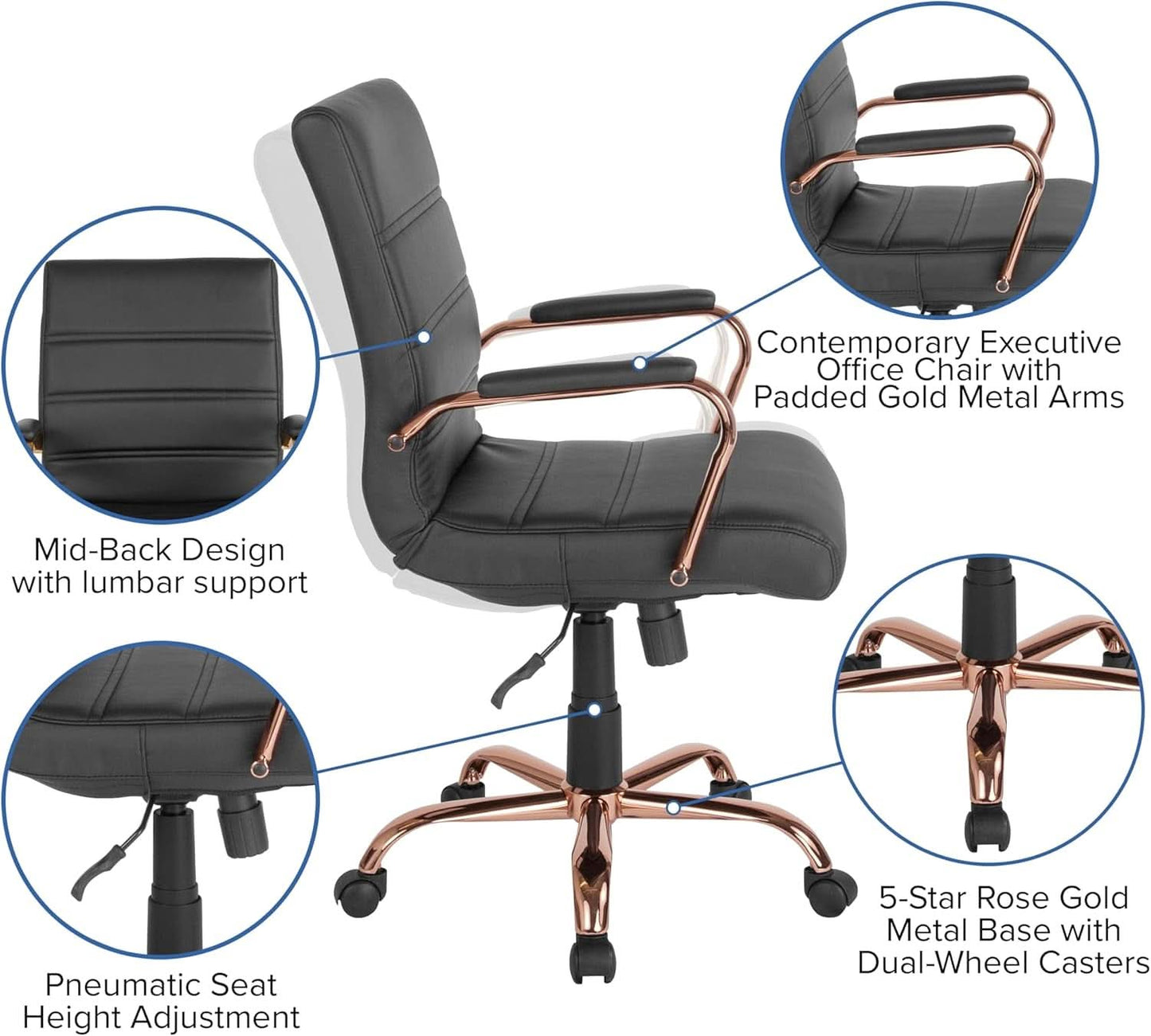 Whitney Mid Back LeatherSoft Desk Chair With Adjustable Height Black Rose Gold