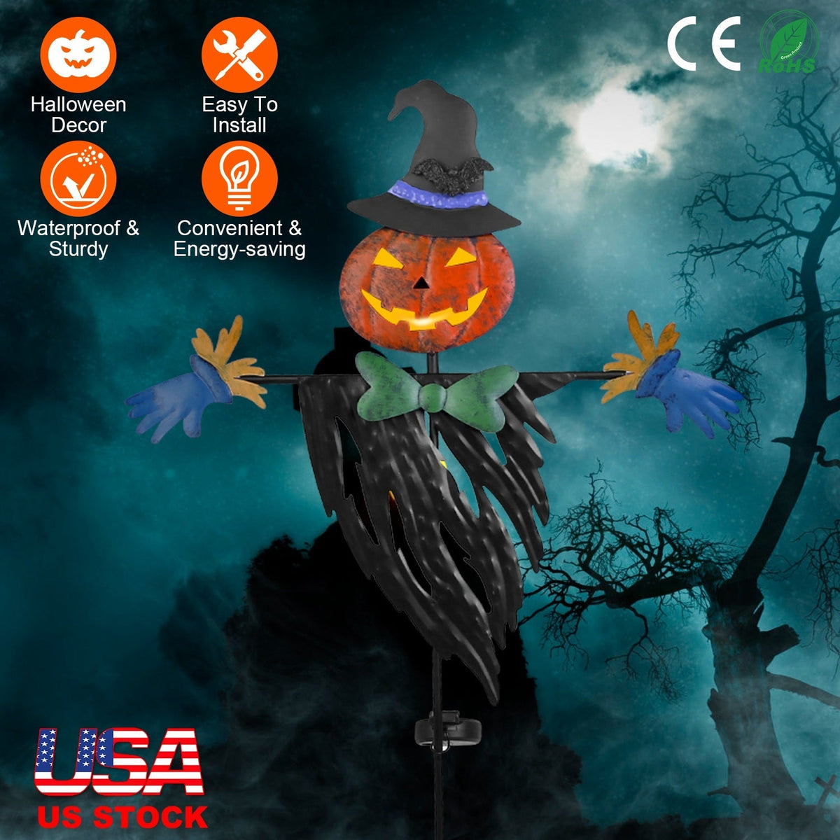 Solar Scarecrow Halloween Decoration Light Waterproof Garden Yard Stake Decor