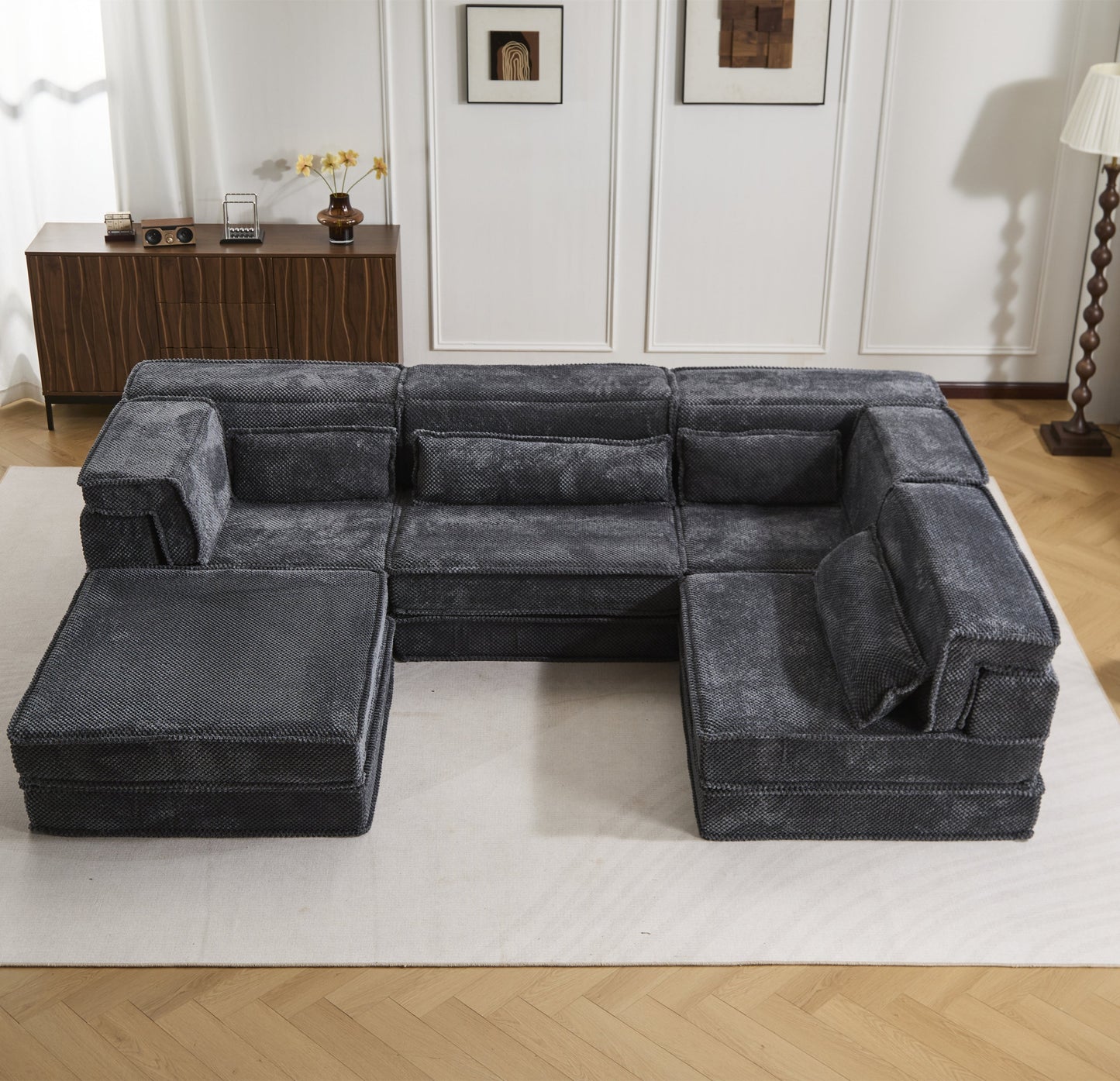 Sectional Sofa Modular Circle Fleece Dark Gray 4 Seat Ottoman 157 In