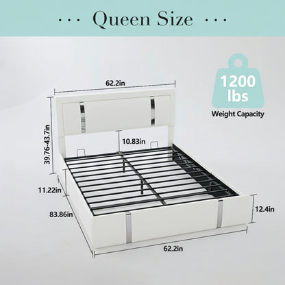 Upholstered Platform Bed Frame With Adjustable LED Headboard, USB C-Charging, Hydraulic Lift