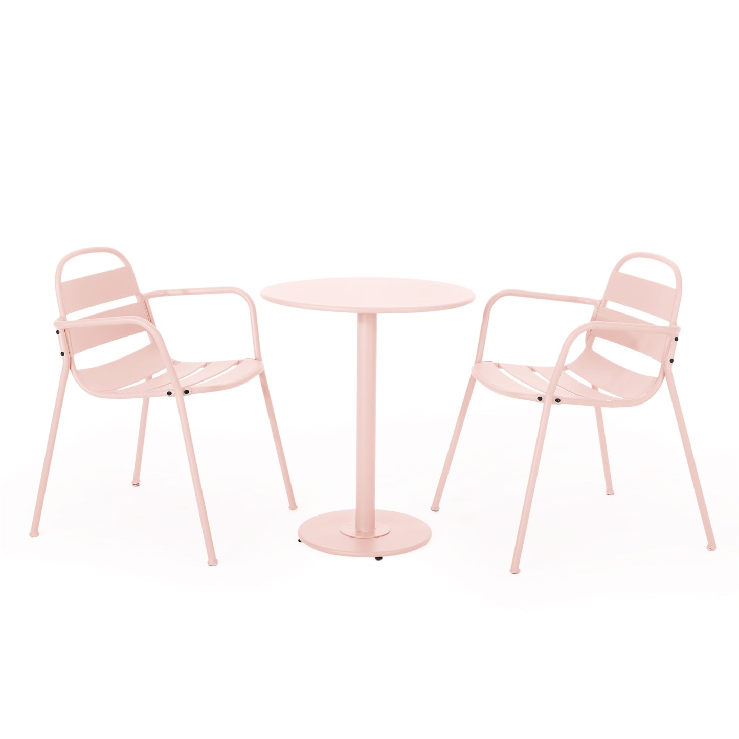 Outdoor Bistro Set 3 Piece Iron Matte Pink Slat Chairs