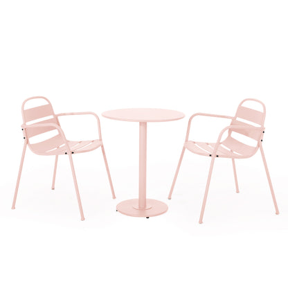 Outdoor Bistro Set 3 Piece Iron Matte Pink Slat Chairs