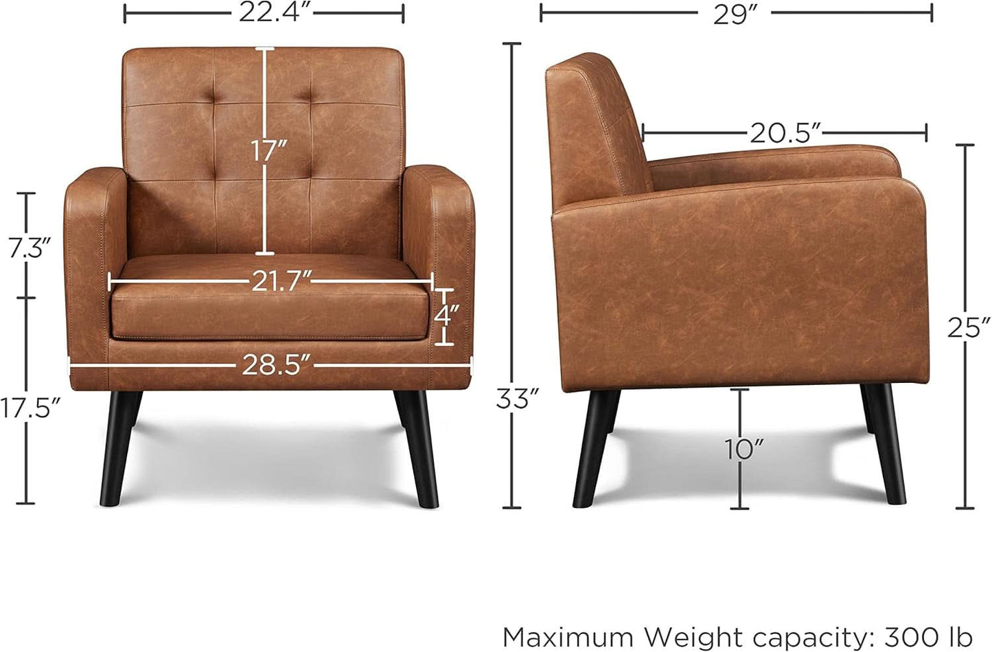 Brown PU Leather Midcentury Upholstered Ergonomic Armchair