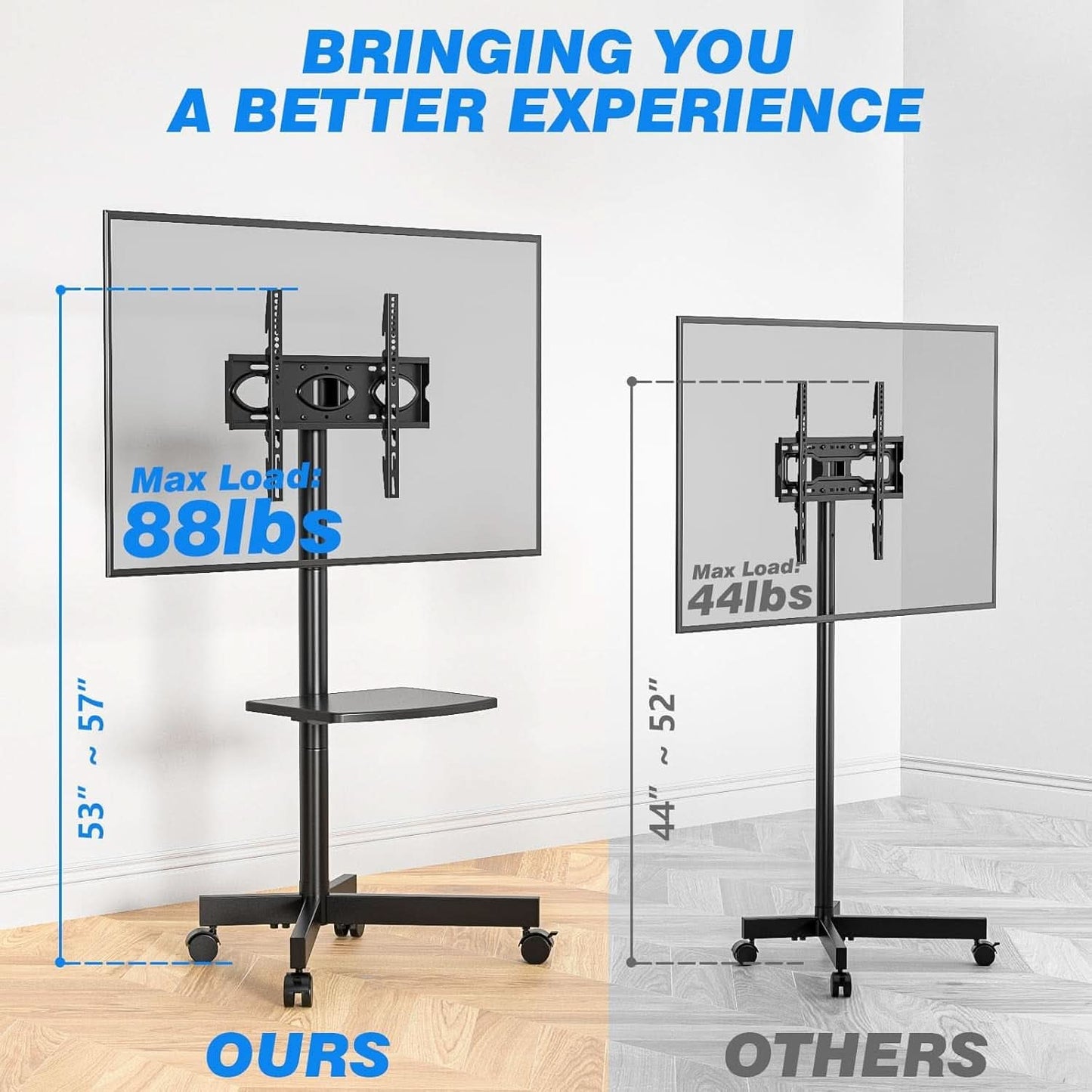Mobile TV Cart 23-60 Inch TVs, Height Adjustable Wheels