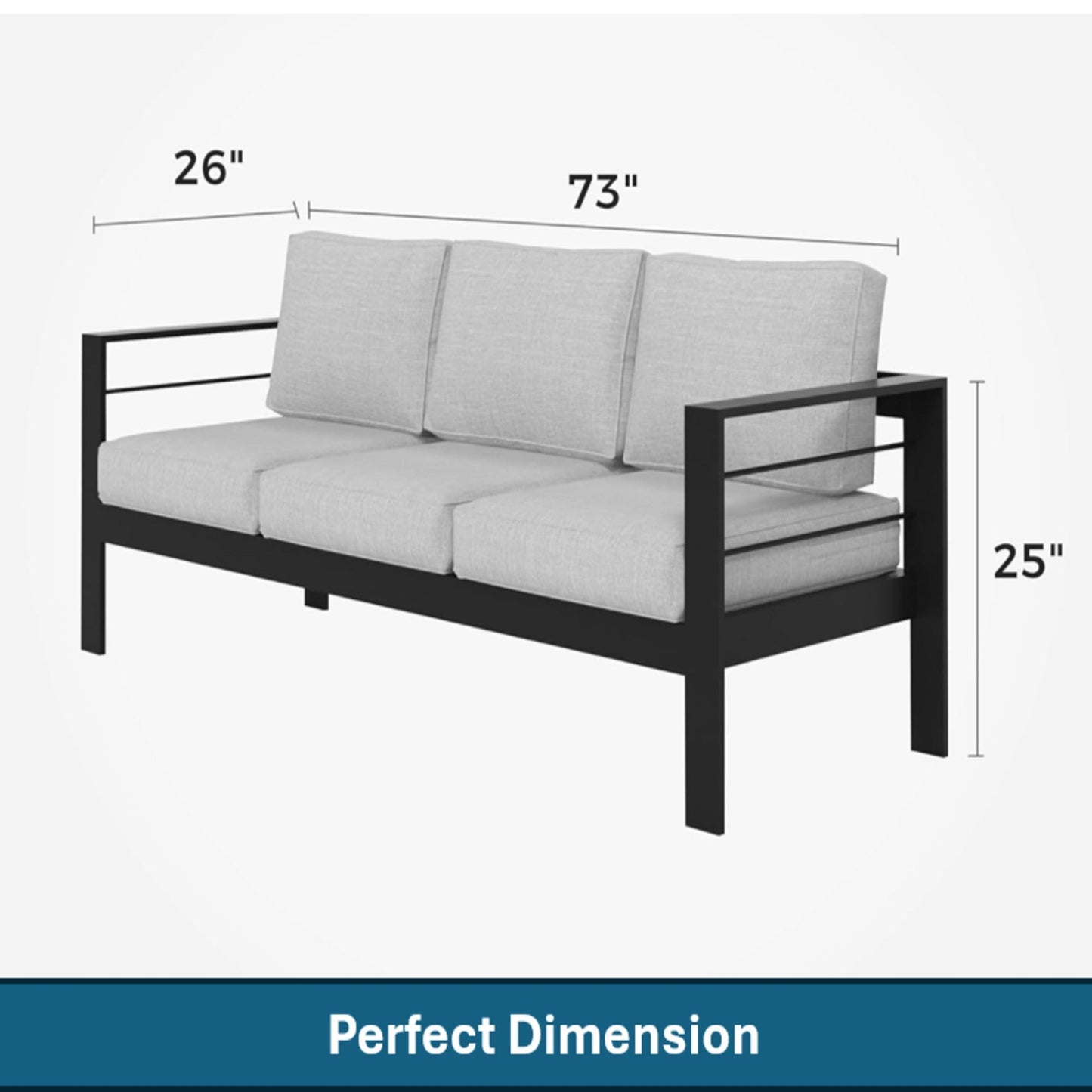 Outdoor Sofa Aluminum Black Light Gray Olefin Cushions 3 Seat 74in