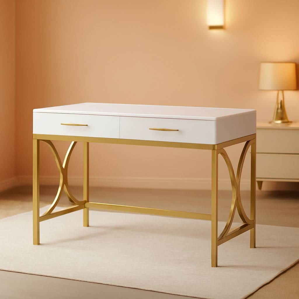 41 Inch White And Gold Computer Desk With 2 Drawers