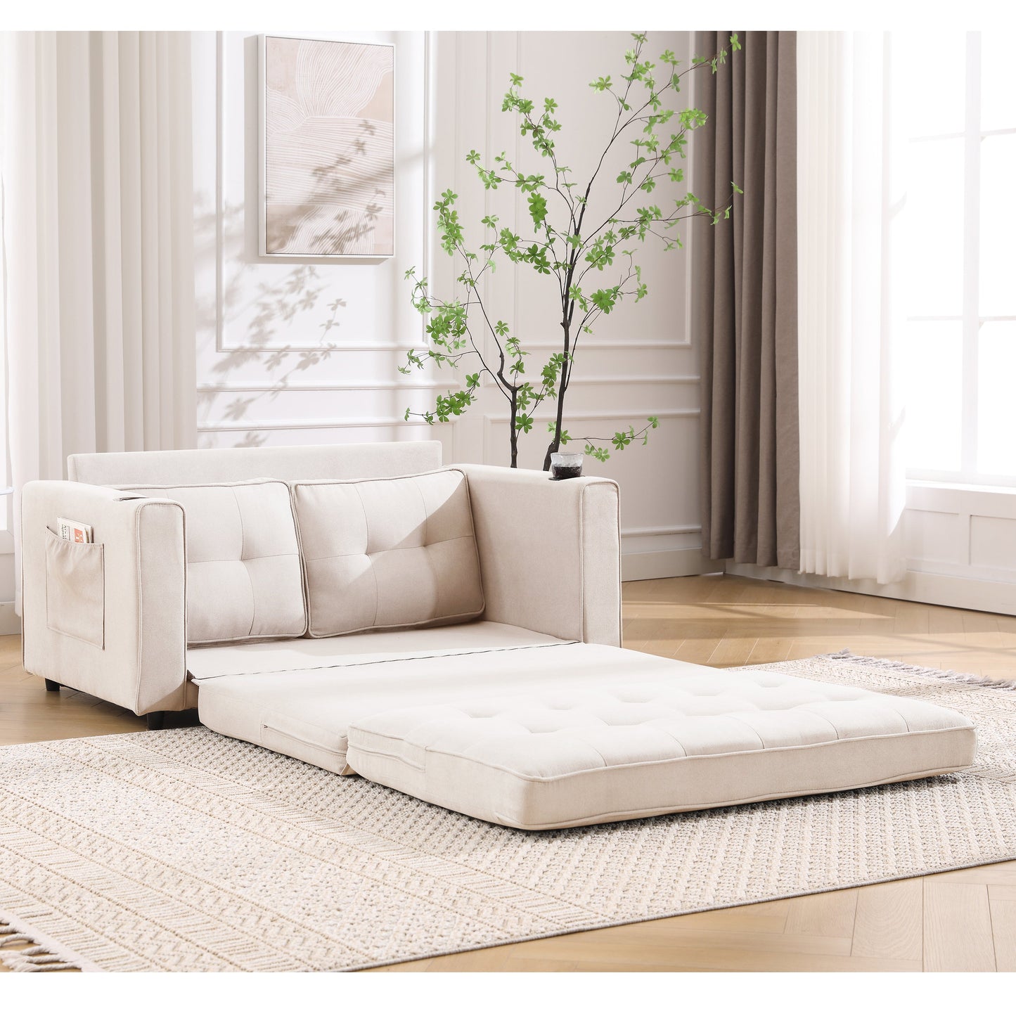 Sofa Bed Futon Tufted 3-in-1 Beige Pull-Out Sleeper Cup Holders 55 In
