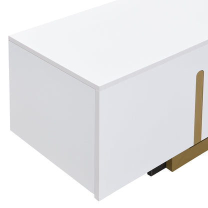 TV Stand Luxury White MDF Metal Legs Drawer 2-Cabinet Fits 70 In TV 66.7 In