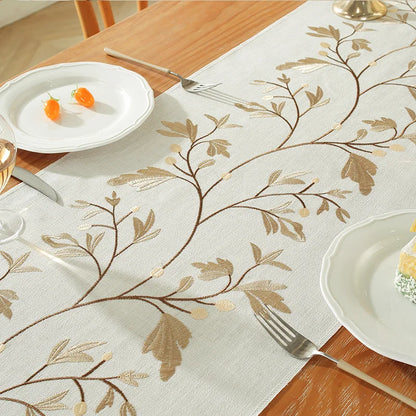 Cotton Linen Embroidered Table Runner, Willow Leaf Table Runners, Rustic Farmhouse Table Runner for Dining Parties Wedding Decor