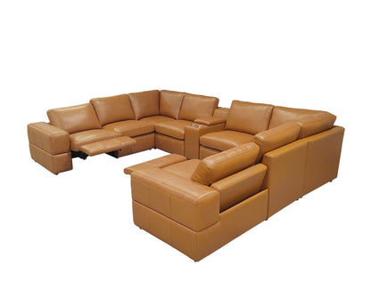 Sectional Sofa Modular Leather Match Ginger 8 Seat 2 Recliners 140 In
