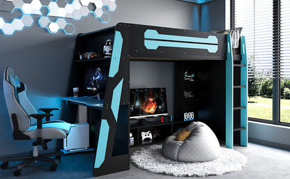 Twin Size Wood Loft Bed with Desk, Multi-storage Shelves and RGB Light, Cloud