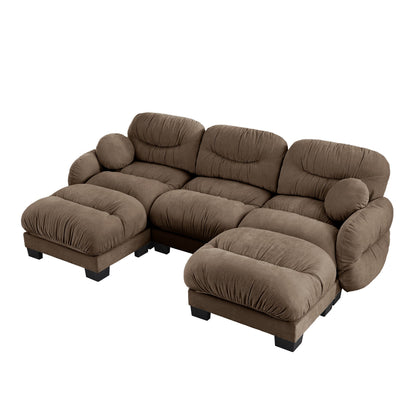 Sectional Sofa Modular Chenille Brown 3 Seat 2 Ottomans Pleated Backrest