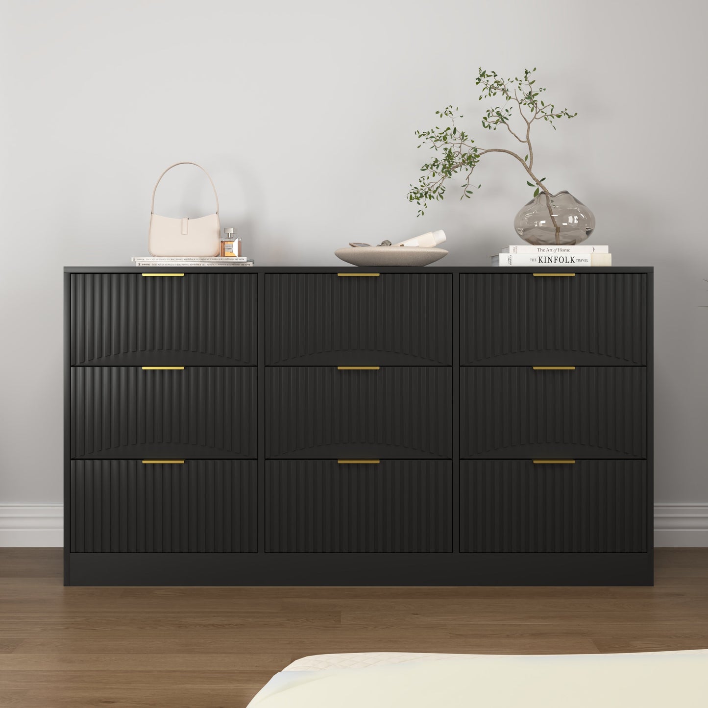 Dresser Classic 9-Drawer Black Particle Board Gold Handles 63x15.74 In