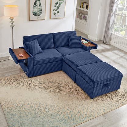 Convertable Loveseat L-Shape Corduroy Blue Storage Chaise 2 Ottomans USB 69 In