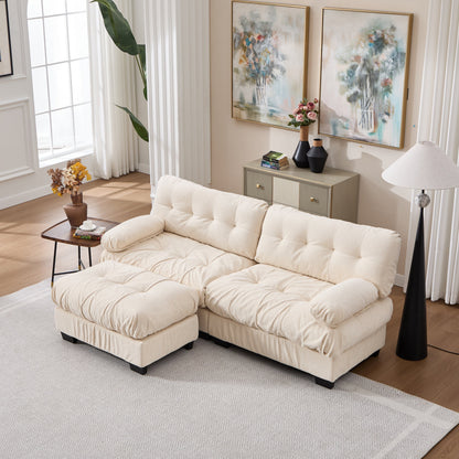 Sectional Sofa L-Shape Cloud Flannelette Beige 3 Seat 88 In 4 Pillows