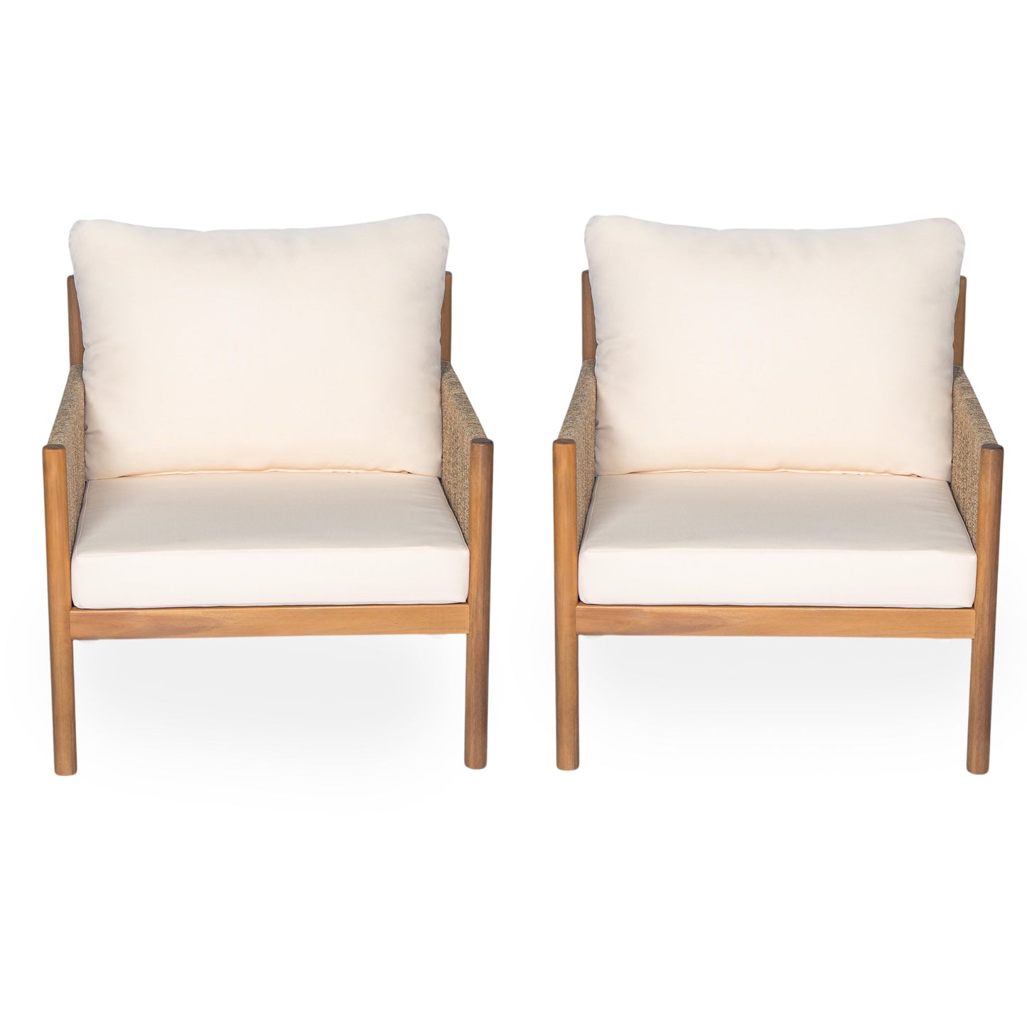 Outdoor Lounge Chair Solid Wood Teak Woven Polyester Cushion Set of 2